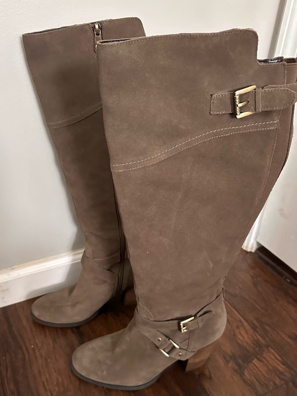 GUESS Taupe Suede Over-the-Knee Boots with Gold Buckles